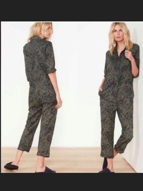 $225 New James Perse Palm Leaf Print Jumpsuit O green & navy